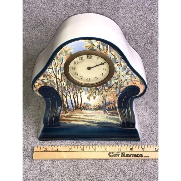 Vintage Landscape Painted Pottery Mantle Clock Germany Decor Art Nouveau